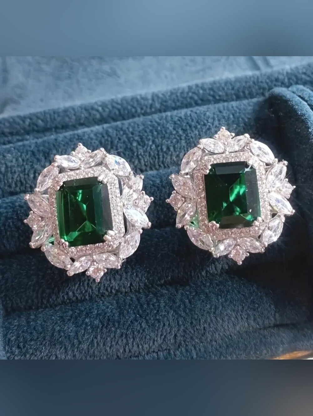 White Rhodium Emerald Halo Post Earrings - Picture 2 of 3